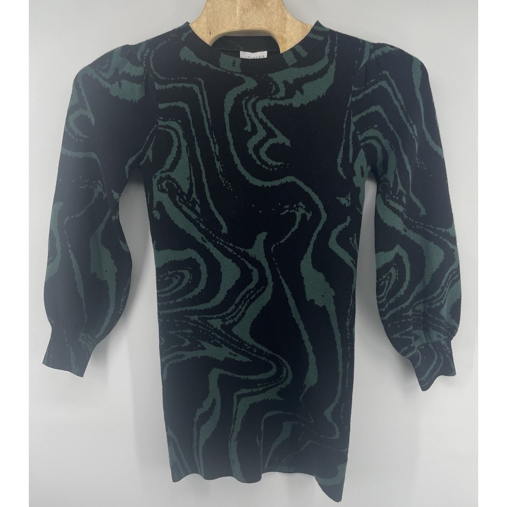 Lucy Paris Sweater Dress Small Green Black Marble Puff Sleeve Retro Chic NWT